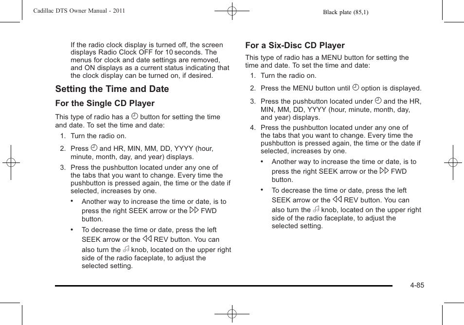 Setting the time and date | Cadillac 2011 DTS User Manual | Page 243 / 464