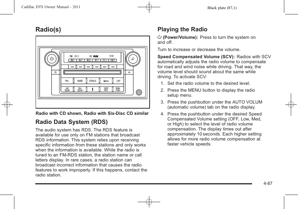 Radio(s), Radio(s) -87, Radio data system (rds) | Playing the radio o | Cadillac 2011 DTS User Manual | Page 245 / 464