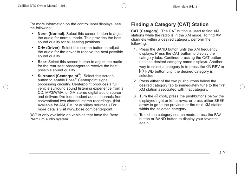 Finding a category (cat) station | Cadillac 2011 DTS User Manual | Page 249 / 464