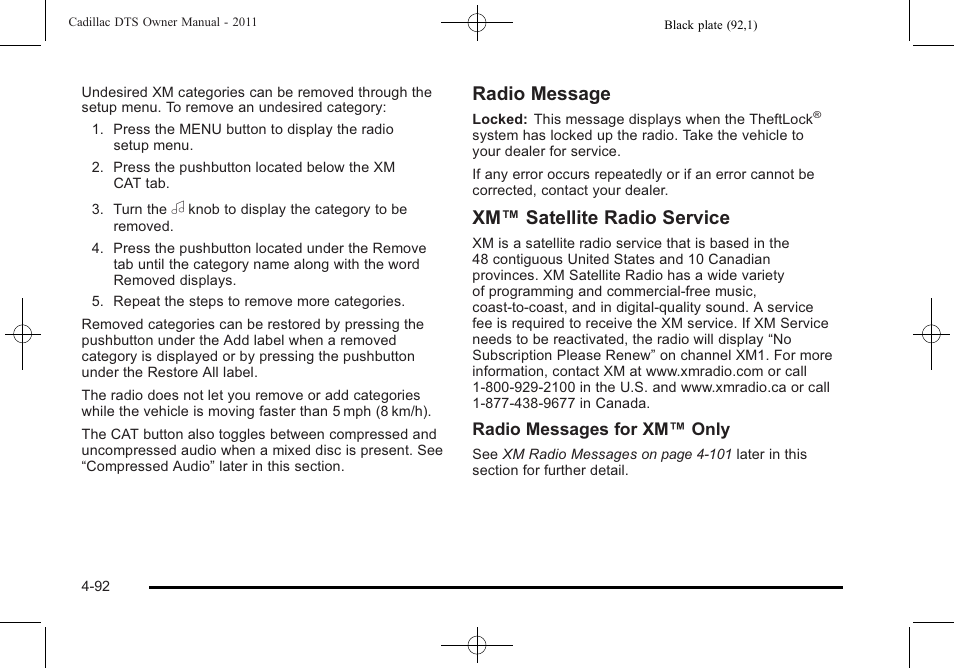 Radio message, Xm™ satellite radio service | Cadillac 2011 DTS User Manual | Page 250 / 464
