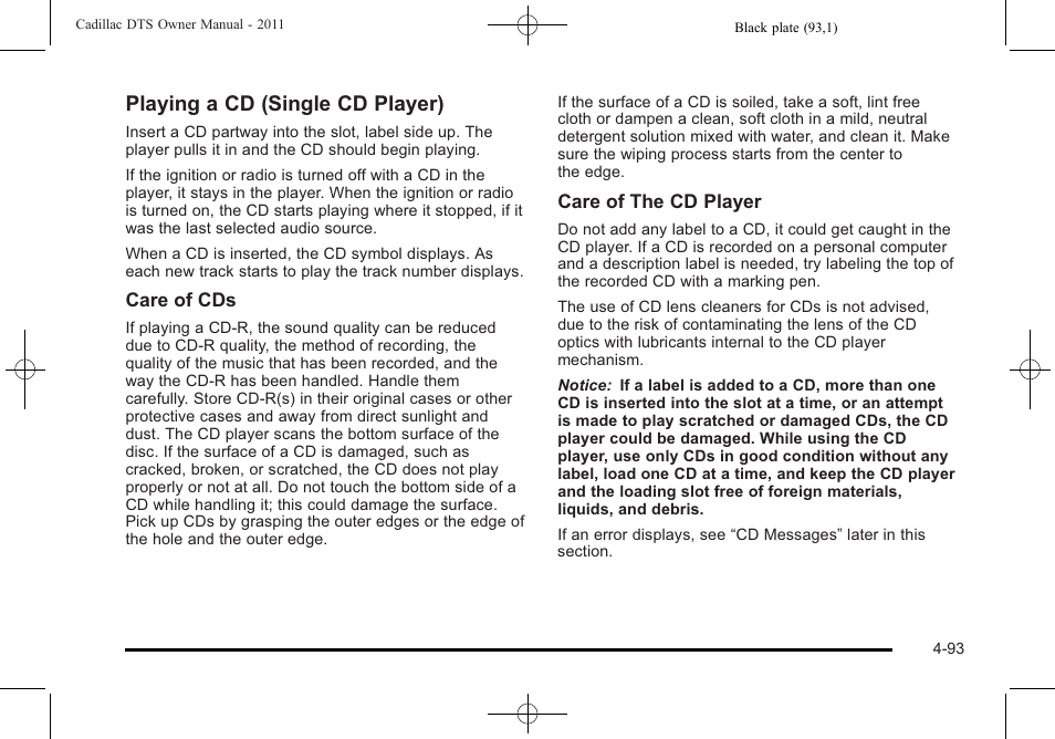 Playing a cd (single cd player) | Cadillac 2011 DTS User Manual | Page 251 / 464