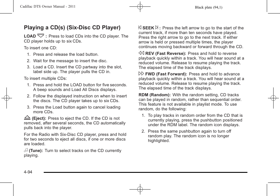 Playing a cd(s) (six-disc cd player) | Cadillac 2011 DTS User Manual | Page 252 / 464