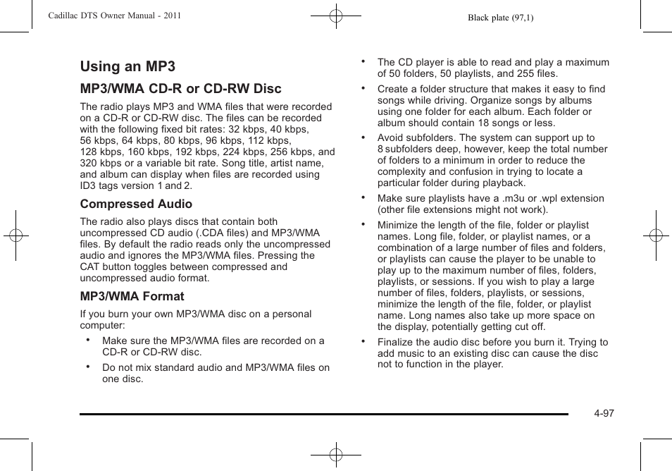 Using an mp3, Using an mp3 -97, Mp3/wma cd-r or cd-rw disc | Compressed audio, Mp3/wma format | Cadillac 2011 DTS User Manual | Page 255 / 464