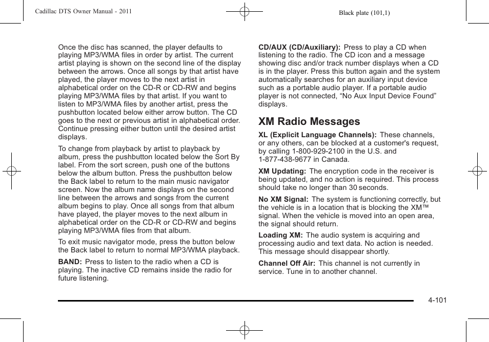 Xm radio messages, Xm radio messages -101 | Cadillac 2011 DTS User Manual | Page 259 / 464