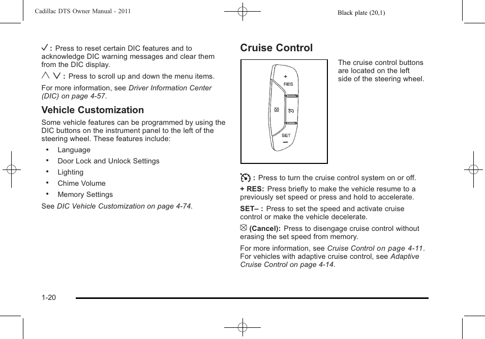 Cruise control, Cruise control -20, Vehicle customization | Cadillac 2011 DTS User Manual | Page 26 / 464