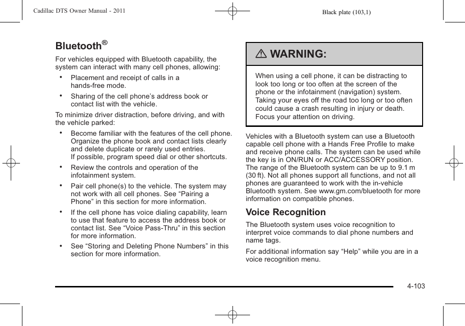 Bluetooth, Warning, Voice recognition | Cadillac 2011 DTS User Manual | Page 261 / 464