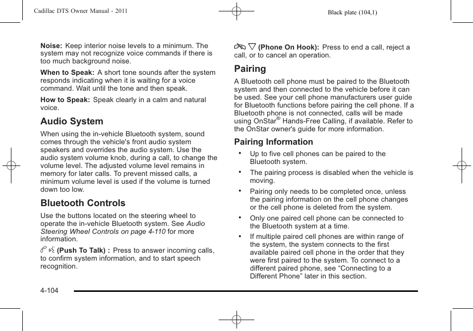 Audio system, Bluetooth controls, Pairing | Cadillac 2011 DTS User Manual | Page 262 / 464