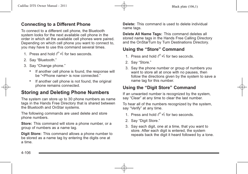 Storing and deleting phone numbers | Cadillac 2011 DTS User Manual | Page 264 / 464