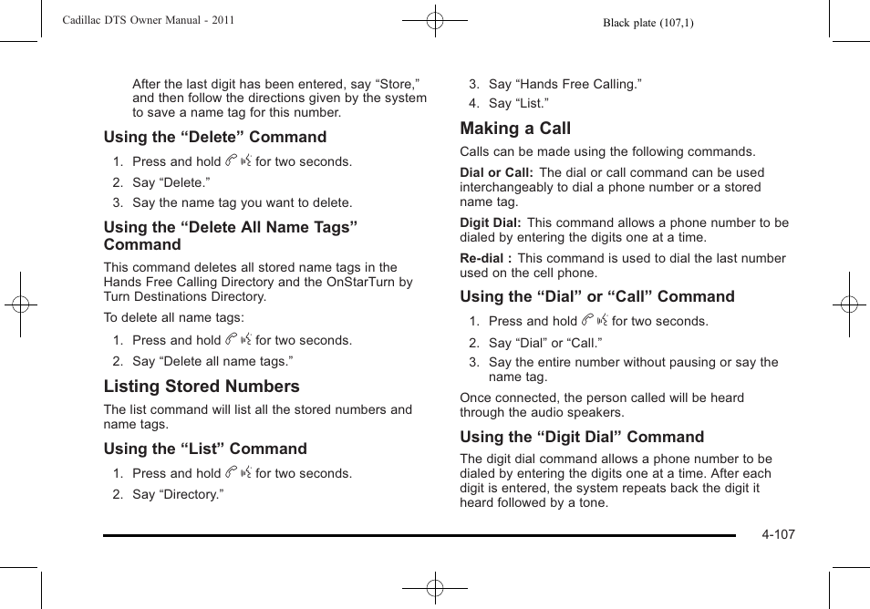 Listing stored numbers, Making a call | Cadillac 2011 DTS User Manual | Page 265 / 464