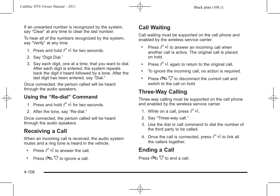 Receiving a call, Call waiting, Three‐way calling | Ending a call | Cadillac 2011 DTS User Manual | Page 266 / 464