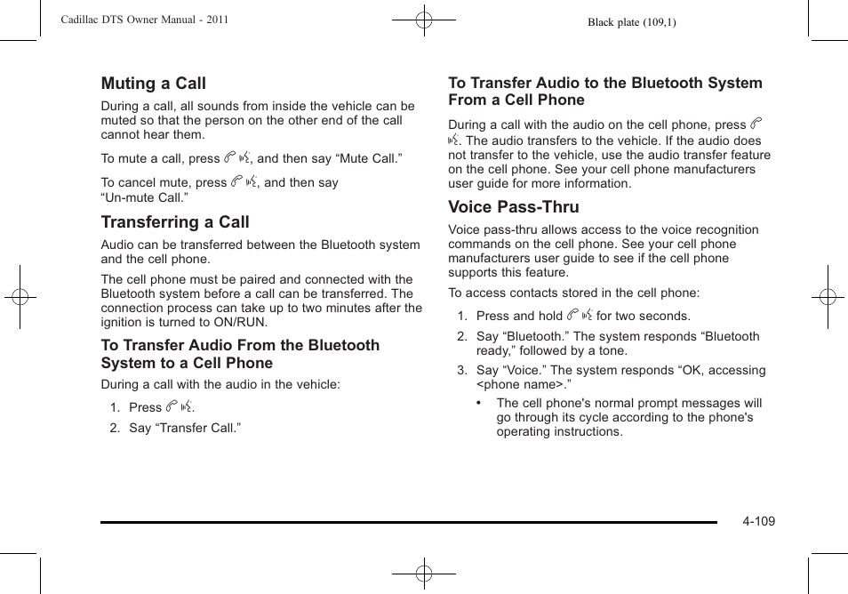 Muting a call, Transferring a call, Voice pass-thru | Cadillac 2011 DTS User Manual | Page 267 / 464