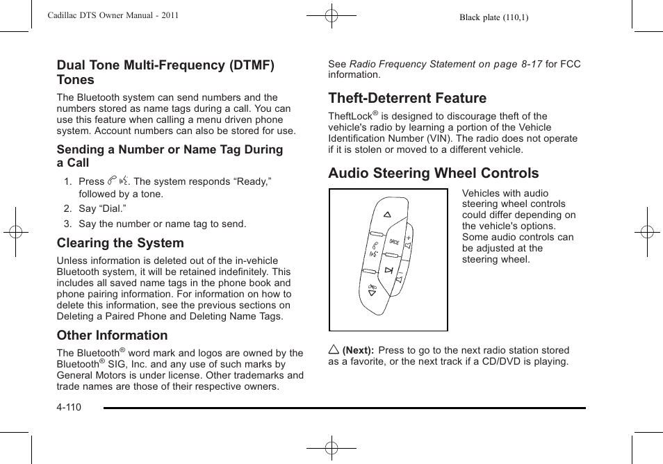 Theft-deterrent feature, Audio steering wheel controls, Dual tone multi-frequency (dtmf) tones | Clearing the system, Other information | Cadillac 2011 DTS User Manual | Page 268 / 464