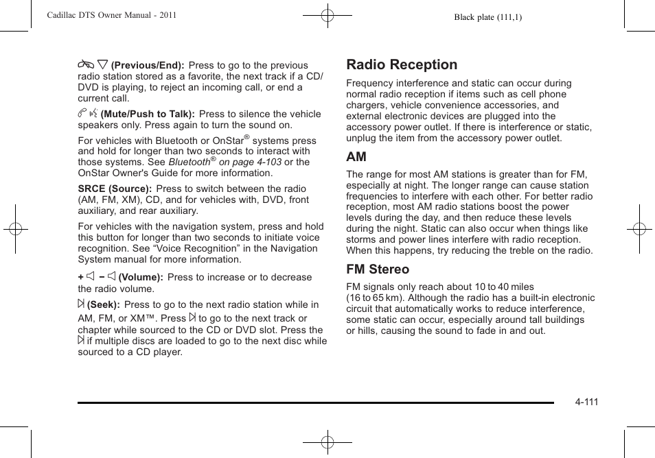 Radio reception, Radio reception -111, Fm stereo | Cadillac 2011 DTS User Manual | Page 269 / 464