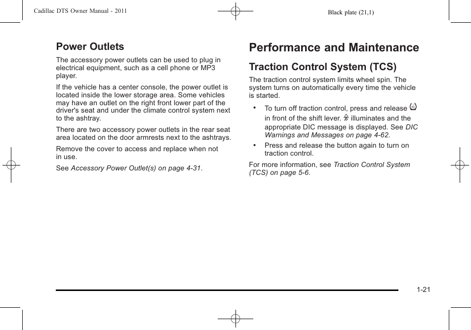 Power outlets, Performance and maintenance, Traction control system (tcs) | Performance and maintenance -21, Theft-deterrent systems, Power outlets -21, Traction control system (tcs) -21 | Cadillac 2011 DTS User Manual | Page 27 / 464