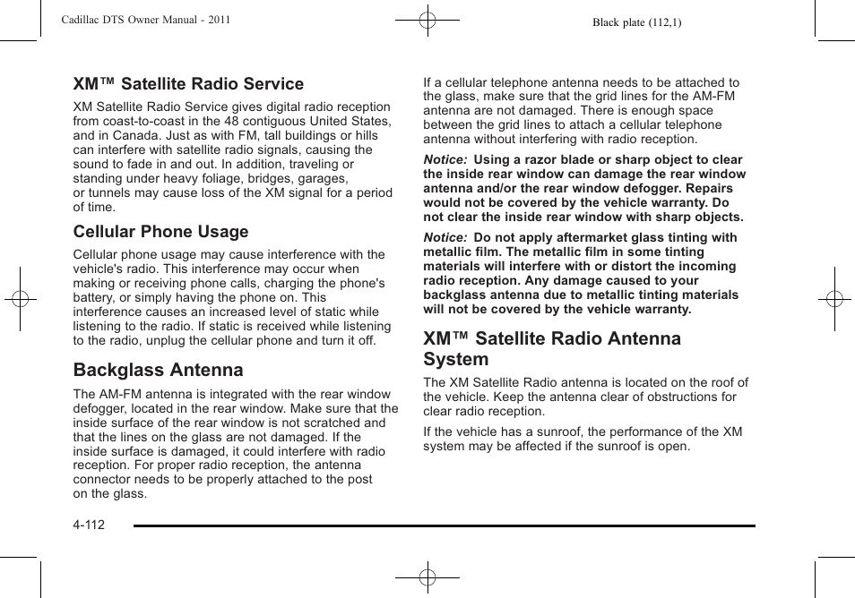 Backglass antenna, Xm satellite radio antenna system, Xm™ satellite radio antenna system | Xm™ satellite radio service, Cellular phone usage | Cadillac 2011 DTS User Manual | Page 270 / 464