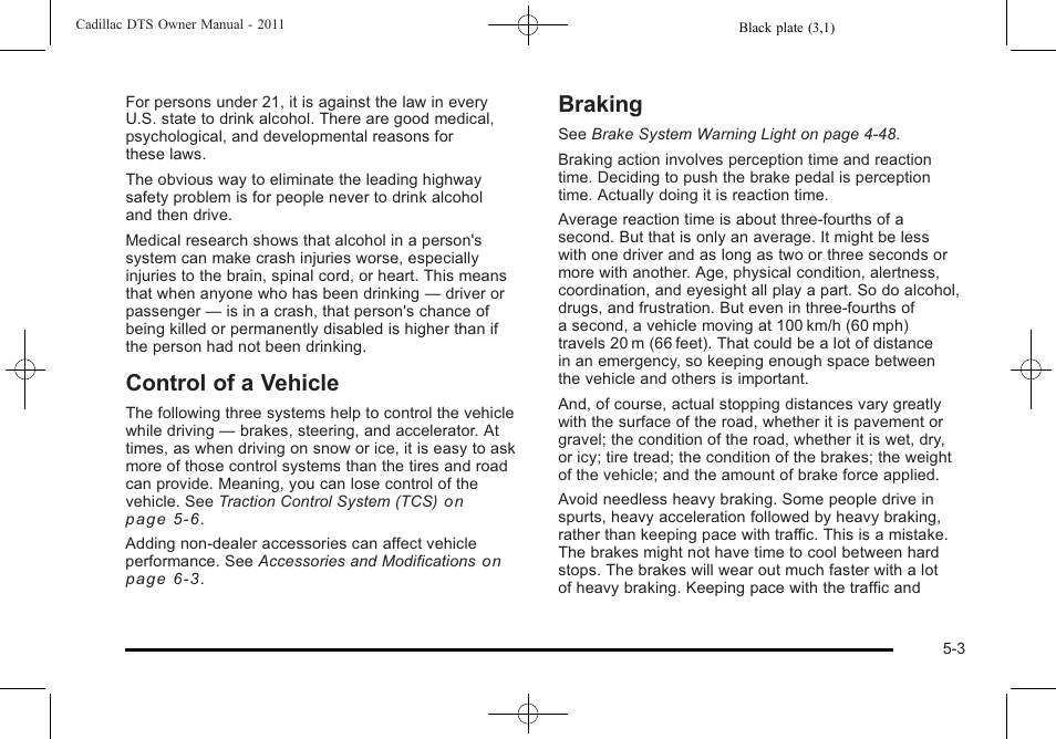 Control of a vehicle, Braking, Control of a vehicle -3 braking -3 | Cadillac 2011 DTS User Manual | Page 273 / 464