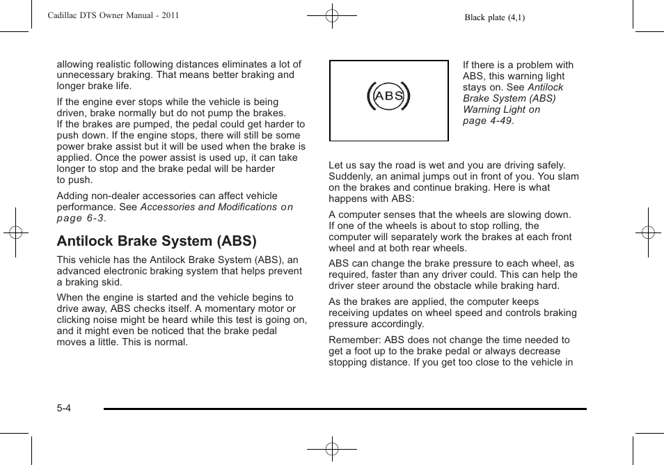 Antilock brake system (abs), Antilock brake system (abs) -4 | Cadillac 2011 DTS User Manual | Page 274 / 464