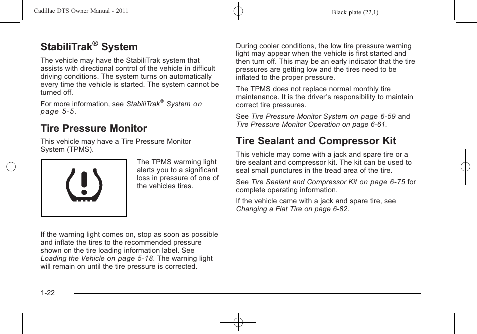 Stabilitrak® system, Tire pressure monitor, Tire sealant and compressor kit | Stabilitrak, System -22, System | Cadillac 2011 DTS User Manual | Page 28 / 464