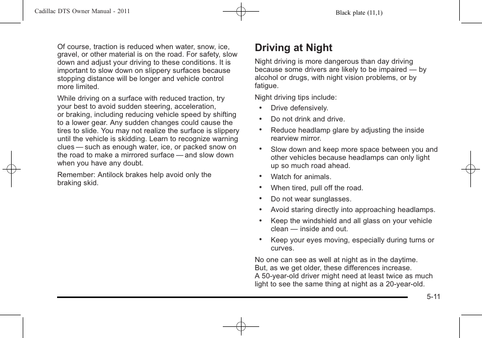 Driving at night, Driving at night -11 | Cadillac 2011 DTS User Manual | Page 281 / 464