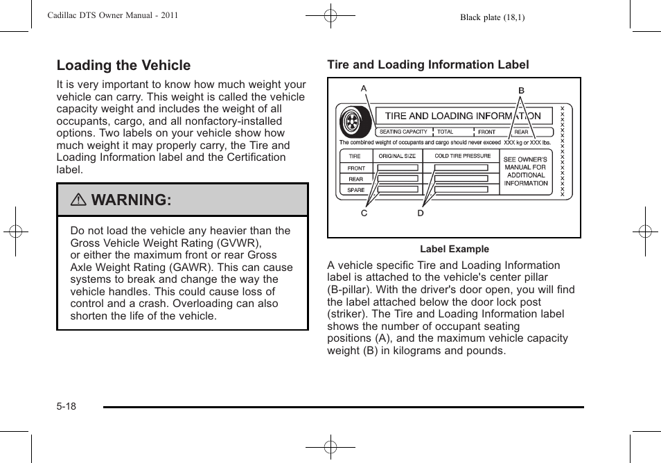 Loading the vehicle, Loading the vehicle -18, Warning | Cadillac 2011 DTS User Manual | Page 288 / 464