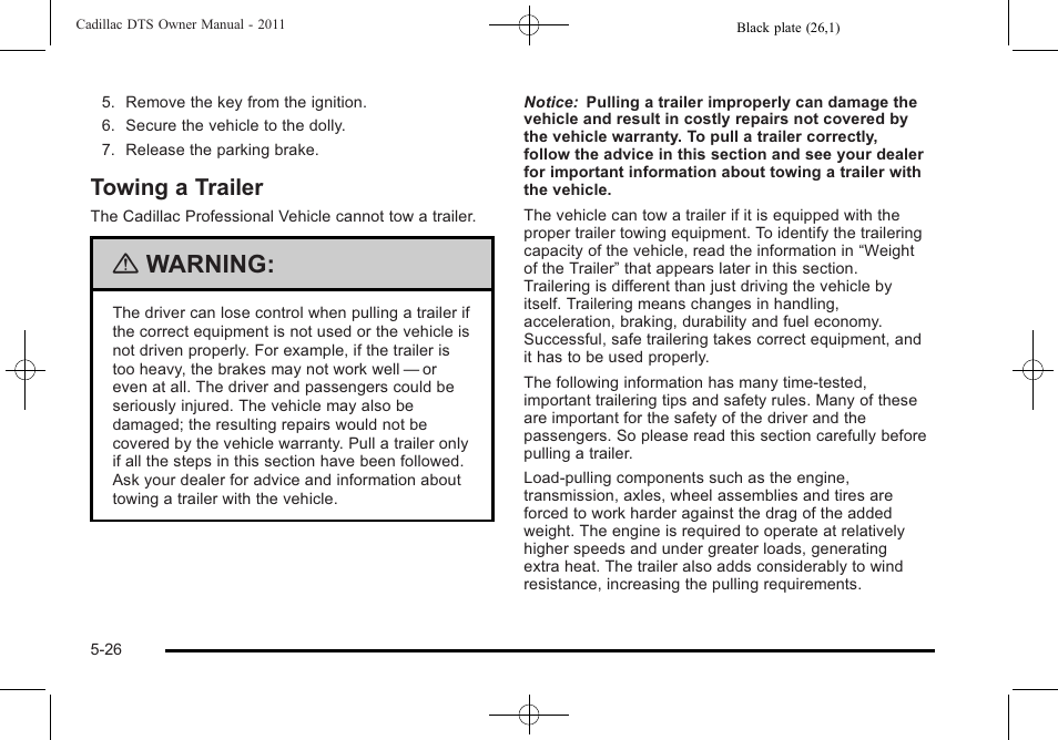 Towing a trailer, Towing a trailer -26, Warning | Cadillac 2011 DTS User Manual | Page 296 / 464