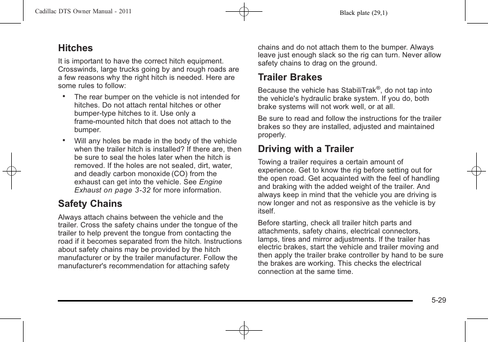 Hitches, Safety chains, Trailer brakes | Driving with a trailer | Cadillac 2011 DTS User Manual | Page 299 / 464