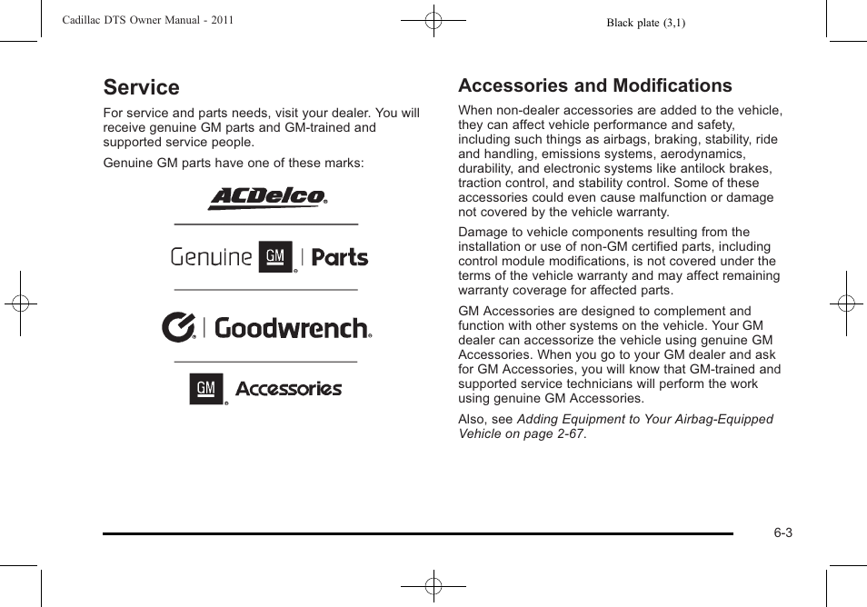 Service, Accessories and modifications, Service -3 | Maintenance, Accessories and modifications -3 | Cadillac 2011 DTS User Manual | Page 305 / 464