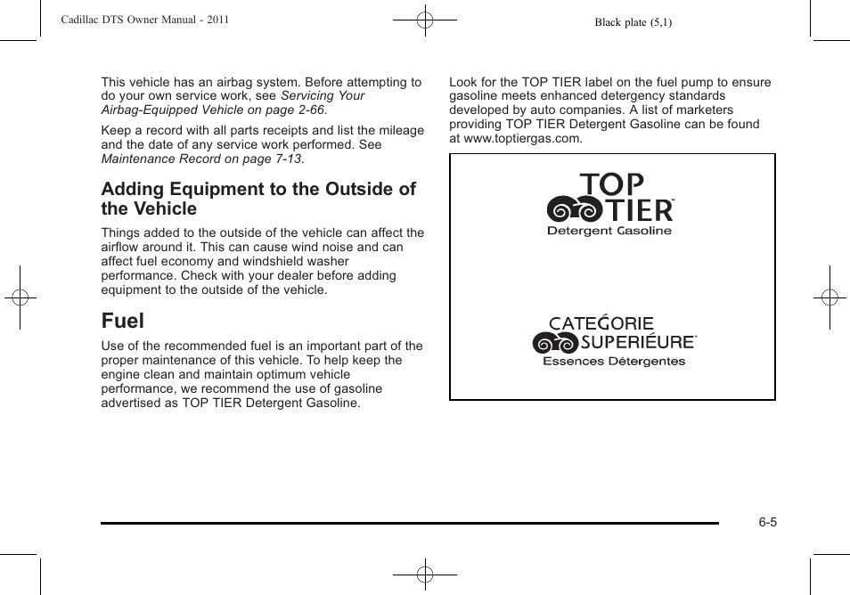 Adding equipment to the outside of the vehicle, Fuel, Fuel -5 | Maintenance, Adding equipment to the outside of the, Vehicle -5 | Cadillac 2011 DTS User Manual | Page 307 / 464