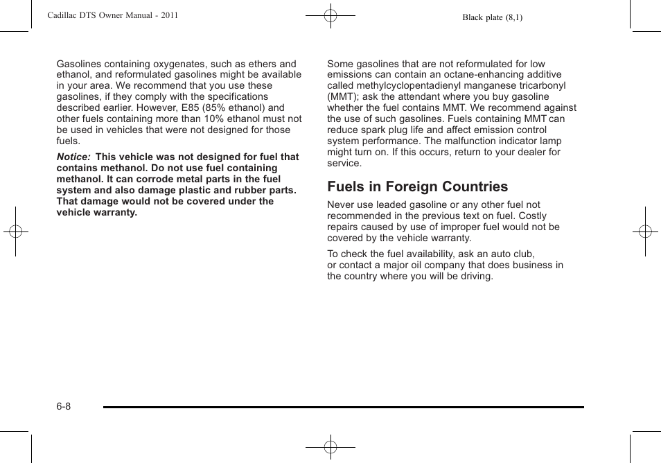 Fuels in foreign countries, Fuels in foreign countries -8 | Cadillac 2011 DTS User Manual | Page 310 / 464