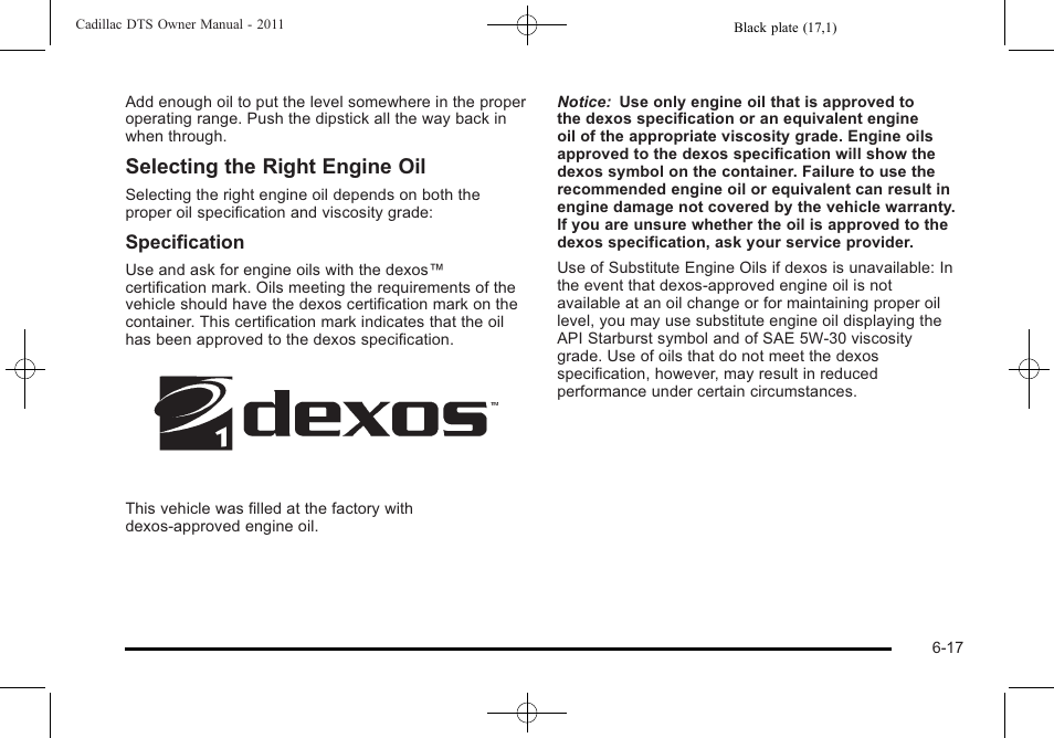 Selecting the right engine oil | Cadillac 2011 DTS User Manual | Page 319 / 464