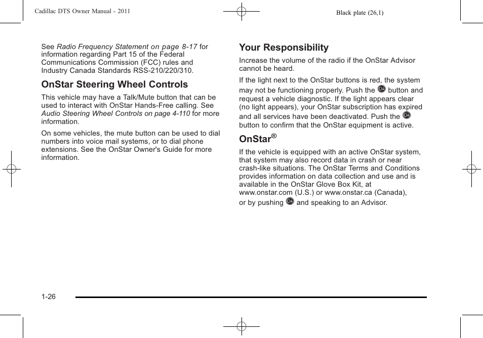 Onstar steering wheel controls, Your responsibility, Onstar | Cadillac 2011 DTS User Manual | Page 32 / 464