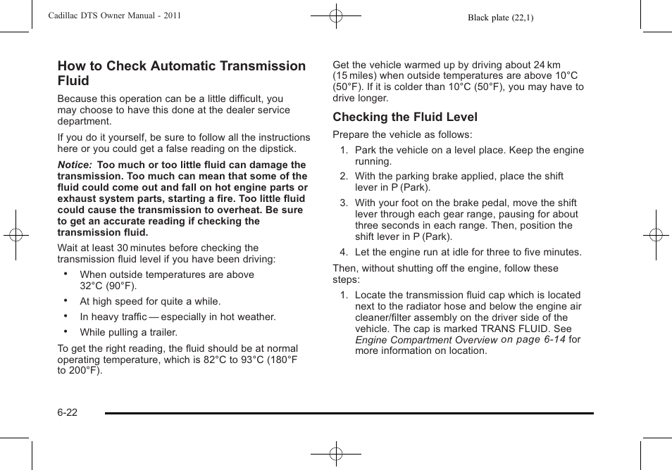 How to check automatic transmission fluid, Checking the fluid level | Cadillac 2011 DTS User Manual | Page 324 / 464