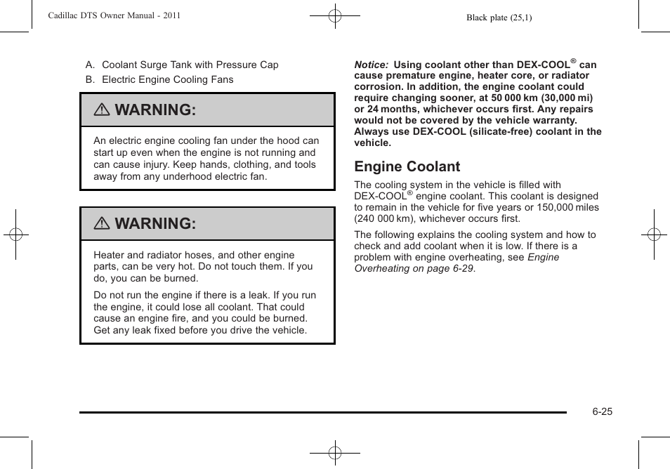 Engine coolant, Engine coolant -25, Warning | Cadillac 2011 DTS User Manual | Page 327 / 464