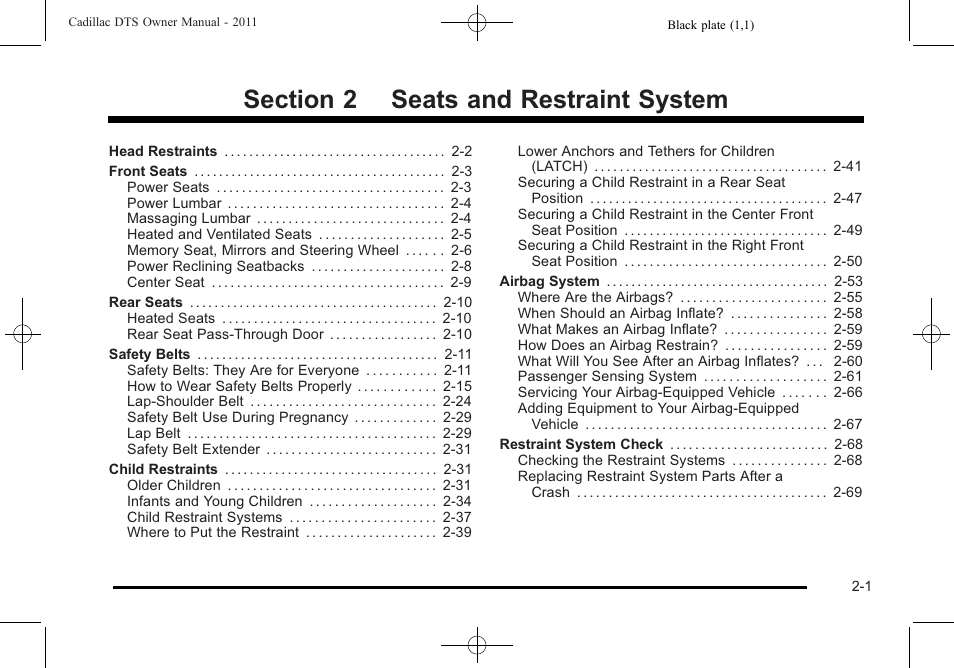 Seats and restraint system, Seats and restraint system -1 | Cadillac 2011 DTS User Manual | Page 33 / 464