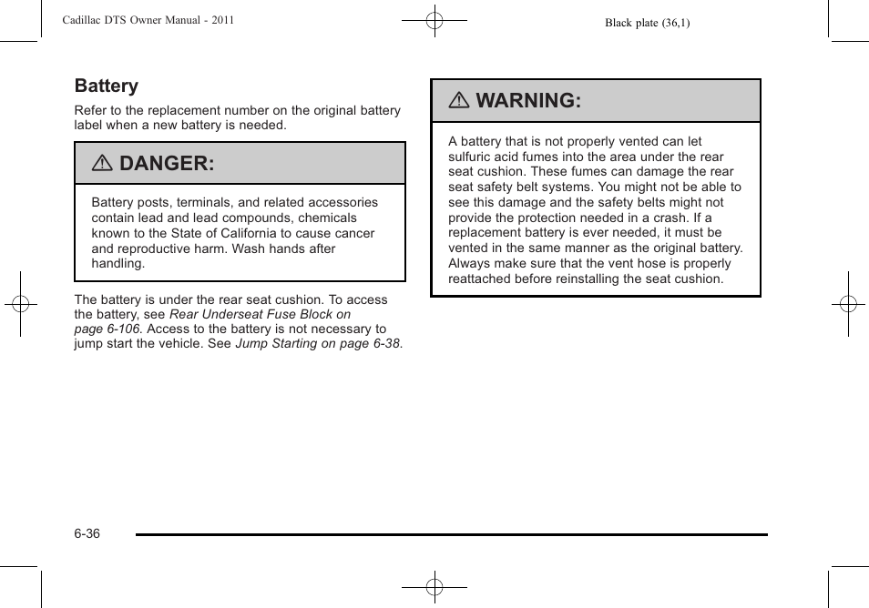 Battery, Battery -36, Danger | Warning | Cadillac 2011 DTS User Manual | Page 338 / 464