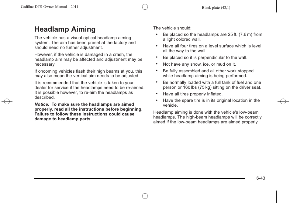 Headlamp aiming, Headlamp aiming -43 | Cadillac 2011 DTS User Manual | Page 345 / 464