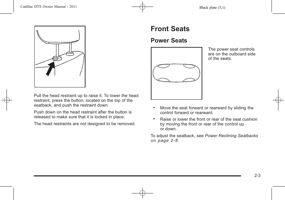 Front seats, Power seats, Front seats -3 | Universal home, Power seats -3 | Cadillac 2011 DTS User Manual | Page 35 / 464