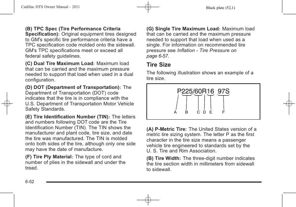 Tire size | Cadillac 2011 DTS User Manual | Page 354 / 464