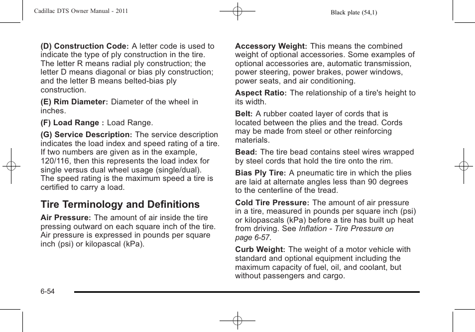 Tire terminology and definitions, Tire terminology and definitions -54 | Cadillac 2011 DTS User Manual | Page 356 / 464