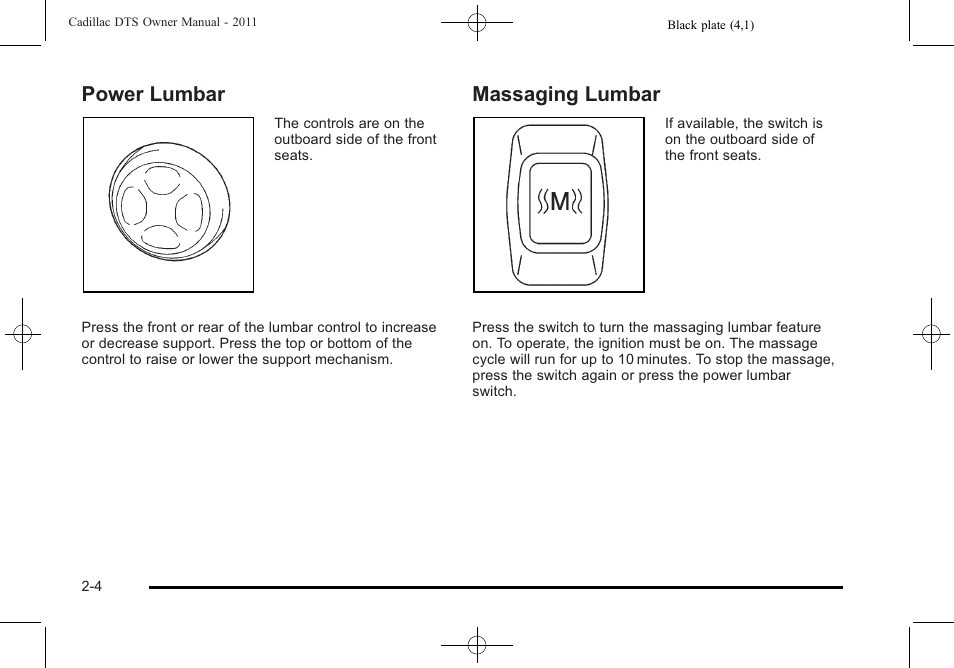 Power lumbar, Massaging lumbar, Power lumbar -4 massaging lumbar -4 | Cadillac 2011 DTS User Manual | Page 36 / 464