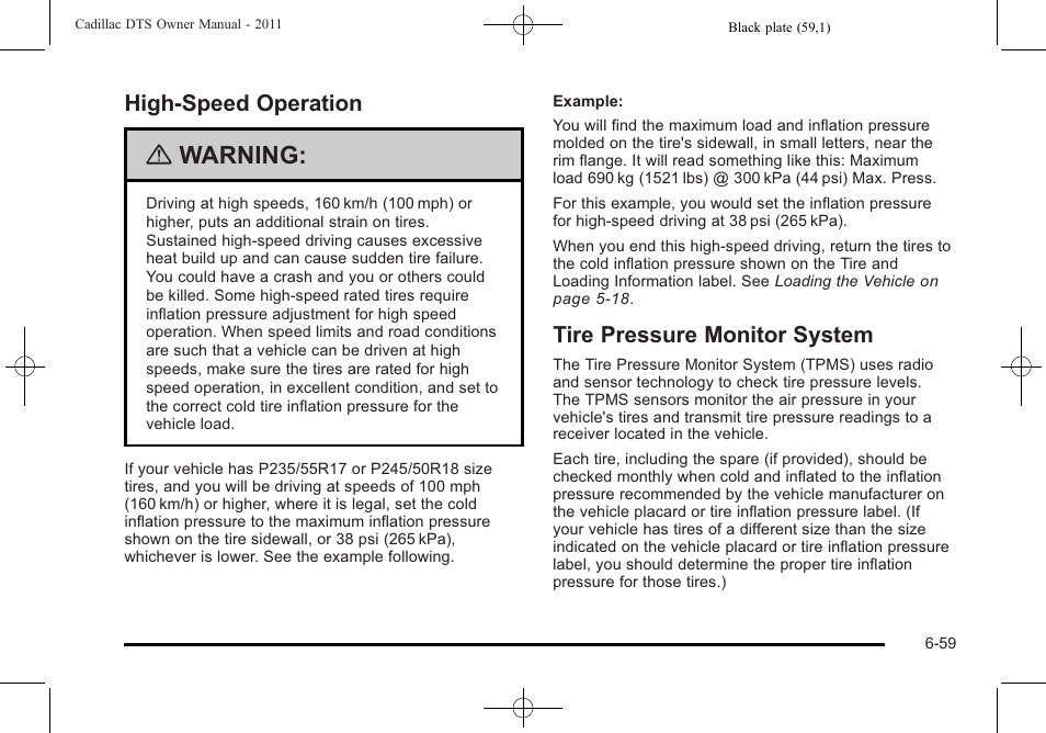 High-speed operation, Tire pressure monitor system, Tire | High-speed operation -59, Monitor system -59, Warning | Cadillac 2011 DTS User Manual | Page 361 / 464