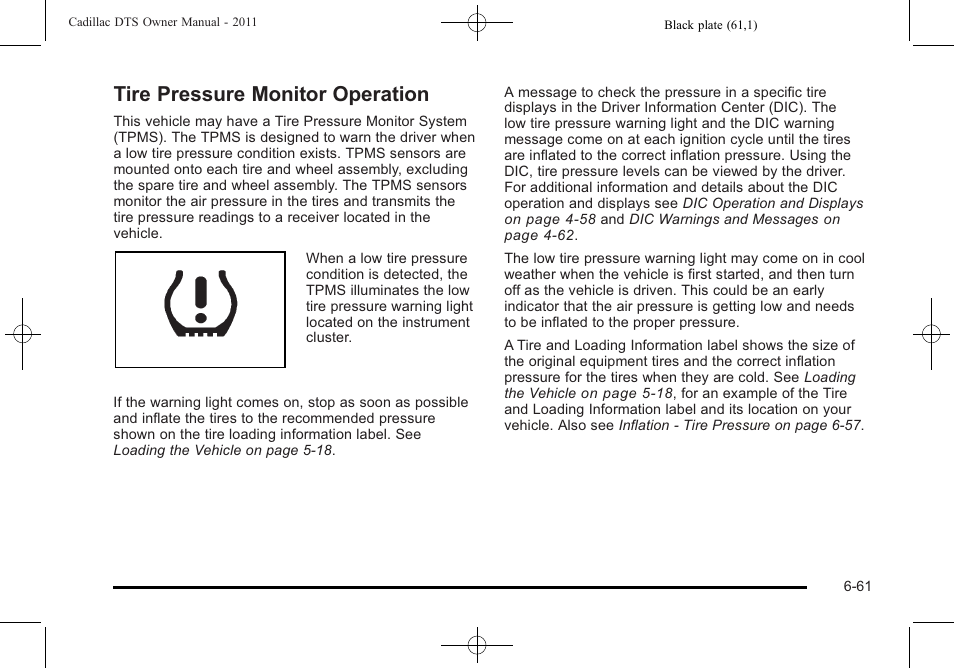 Tire pressure monitor operation, Tire pressure monitor operation -61 | Cadillac 2011 DTS User Manual | Page 363 / 464