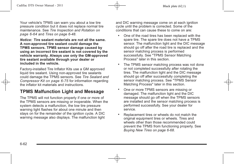 Tpms malfunction light and message | Cadillac 2011 DTS User Manual | Page 364 / 464