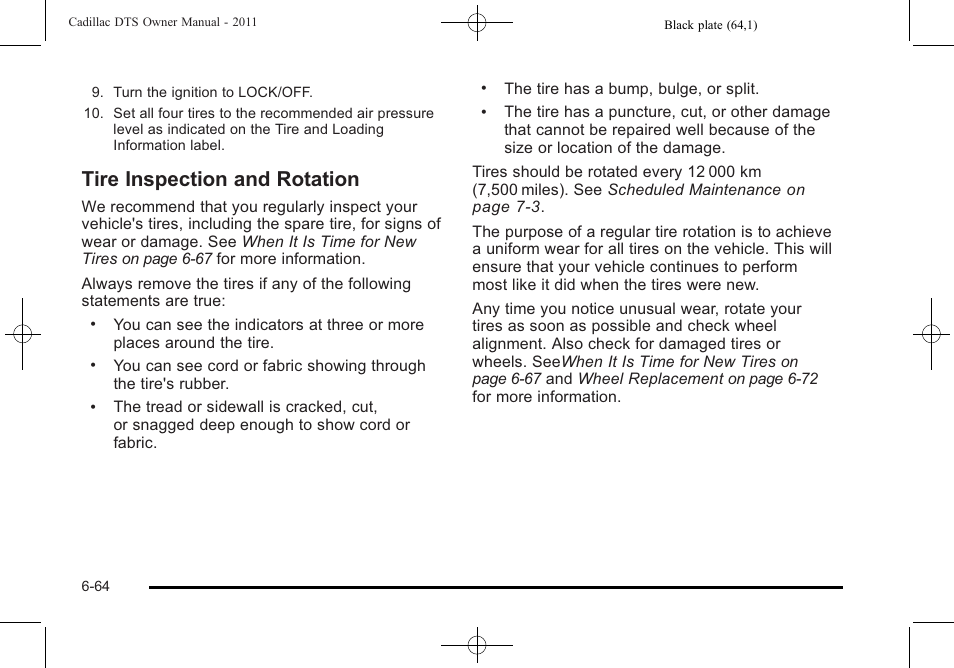 Tire inspection and rotation, Tire inspection and rotation -64 | Cadillac 2011 DTS User Manual | Page 366 / 464