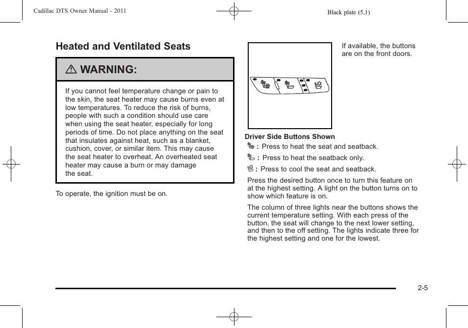 Heated and ventilated seats, Heated and ventilated seats -5, Warning | Cadillac 2011 DTS User Manual | Page 37 / 464