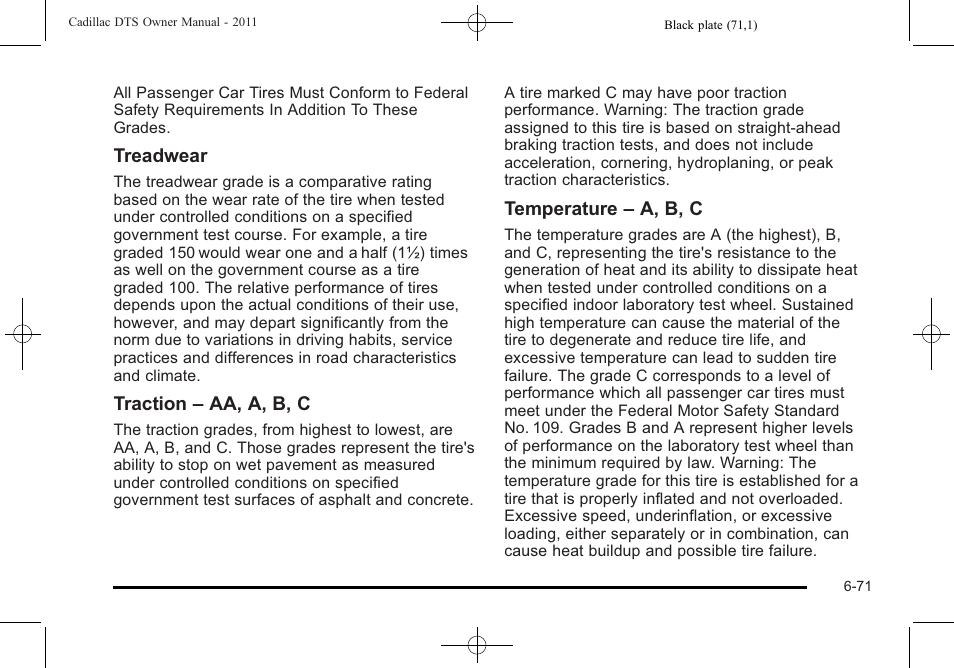 Treadwear, Traction – aa, a, b, c, Temperature – a, b, c | Cadillac 2011 DTS User Manual | Page 373 / 464