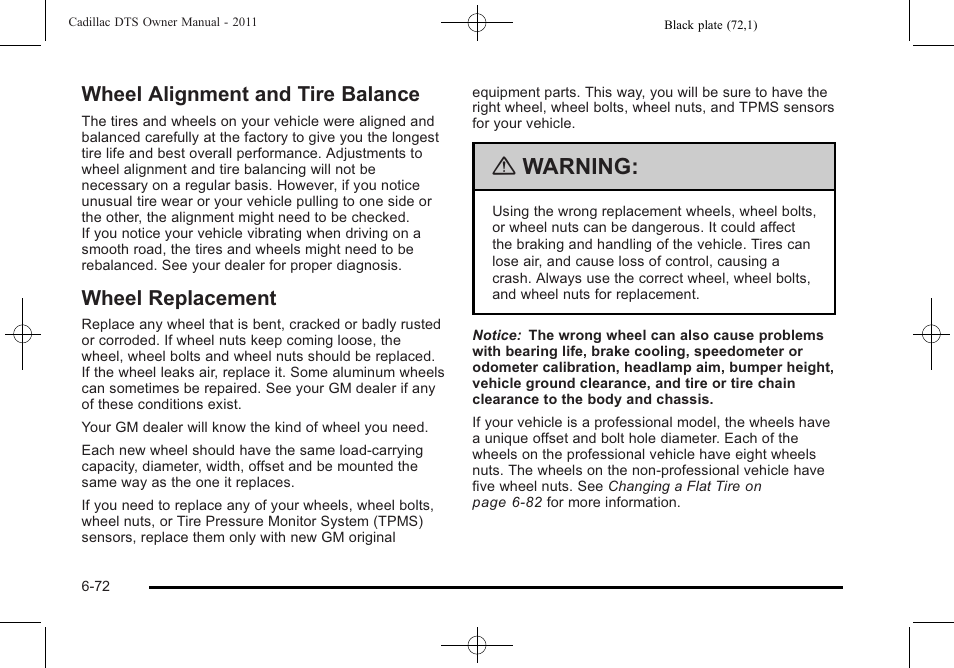 Wheel alignment and tire balance, Wheel replacement, Warning | Cadillac 2011 DTS User Manual | Page 374 / 464