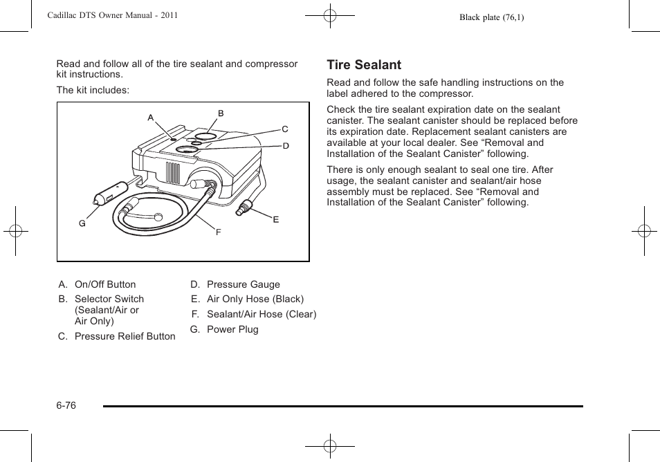 Tire sealant | Cadillac 2011 DTS User Manual | Page 378 / 464