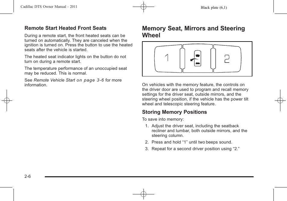 Memory seat, mirrors and steering wheel, Memory seat, mirrors and steering wheel -6 | Cadillac 2011 DTS User Manual | Page 38 / 464