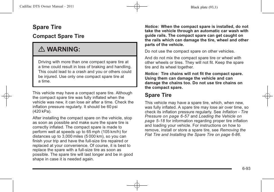 Spare tire, Spare tire -93, Warning | Cadillac 2011 DTS User Manual | Page 395 / 464